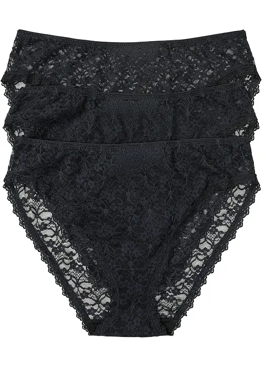 High-Leg Maxislip aus recycelter Spitze (3er Pack) in schwarz von vorne - bonprix