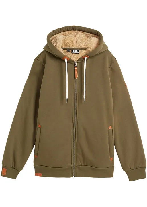 Kapuzen-Sweatjacke mit Teddyfutter in grün von vorne - bonprix
