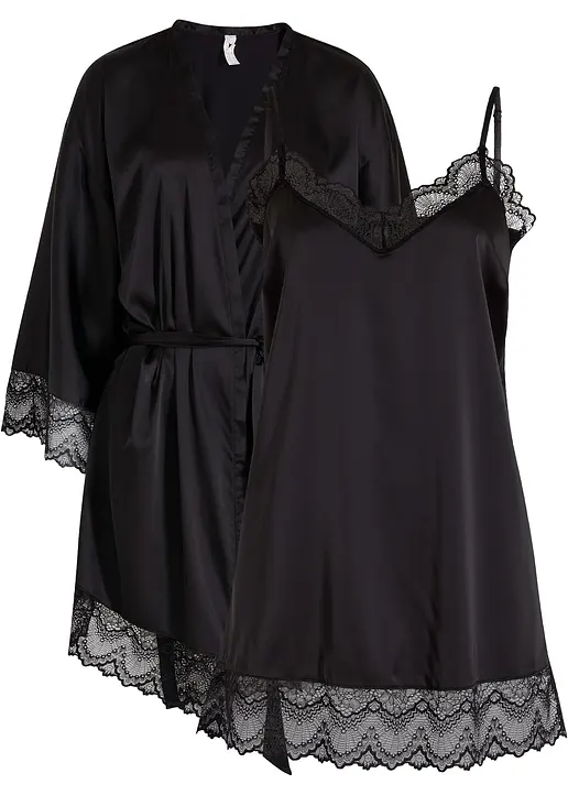 Morgenmantel-Set: Kimono + Negligé (2-tlg. Set) in schwarz von vorne - bonprix