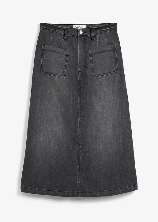 Stretch-Jeansrock, Midi-Länge in schwarz von vorne - bonprix