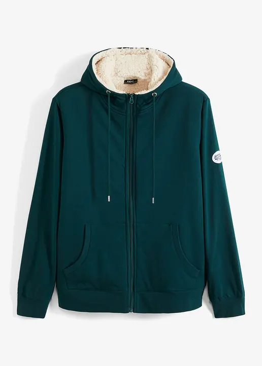 Thermo-Sweatjacke mit Kapuze und Teddyfutter in grün von vorne - bonprix