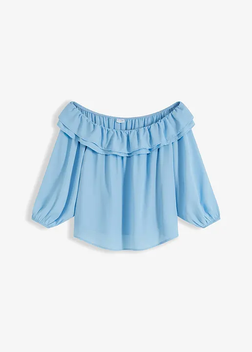 Carmenbluse aus recyceltem Polyester in blau von vorne - bonprix