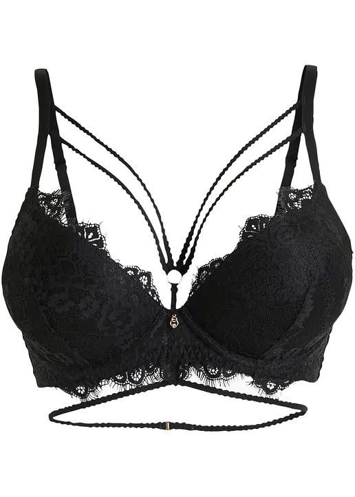 Push-up-BH mit Schmuckdetails in schwarz von vorne - bonprix