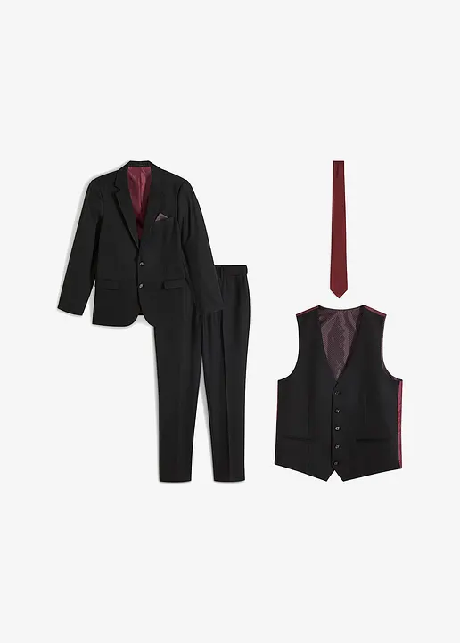 Anzug mit Weste und Krawatte (4-tlg.Set), Slim Fit in schwarz von vorne - bonprix