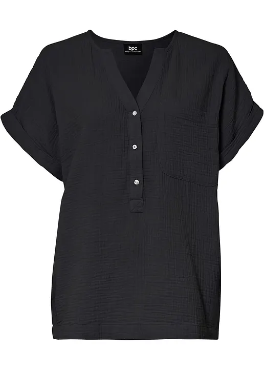 Kurzarmbluse aus Musselin in schwarz von vorne - bonprix