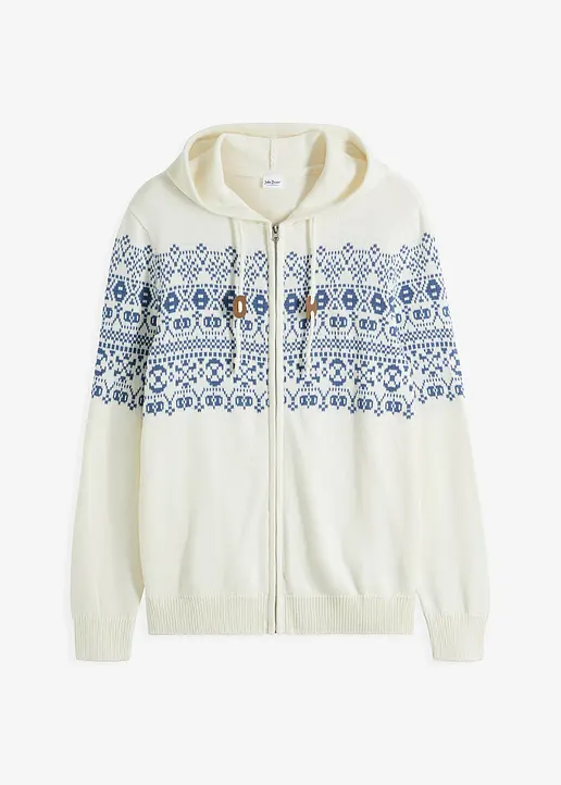 Norweger Kapuzenstrickjacke mit Komfortschnitt und Baumwolle in weiß von vorne - bonprix