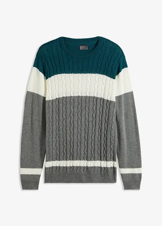 Pullover mit Zopfmuster und Baumwolle in petrol von vorne - bonprix