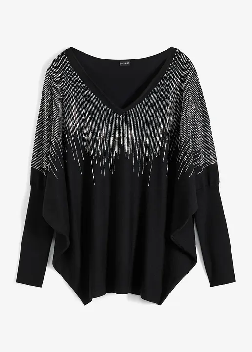 Feinstrickpullover mit Strass-Applikation in schwarz von vorne - bonprix