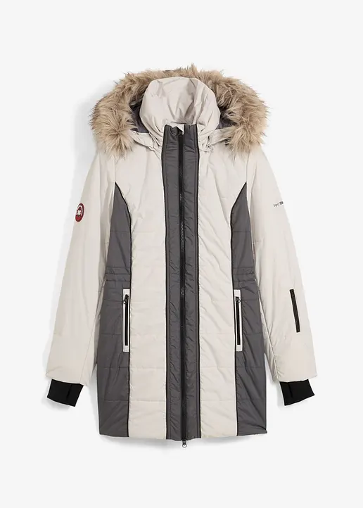 wasserabweisender Outdoor-Kurzmantel mit Fellimitat in grau von vorne - bonprix