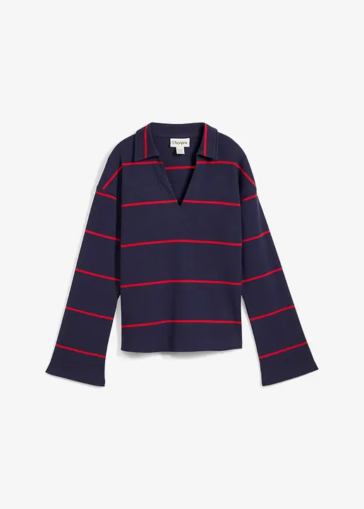 Geripptes Langarm-Poloshirt in blau von vorne - bonprix