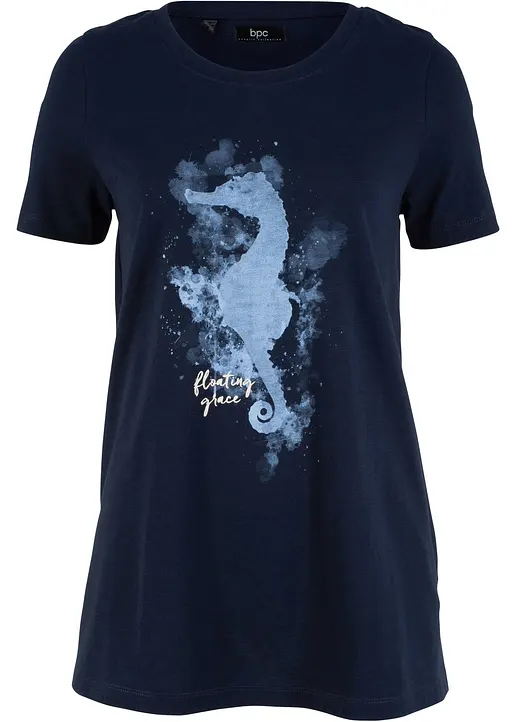 T-Shirt mit Seepferdchen Druck aus Bio-Baumwolle in blau von vorne - bonprix