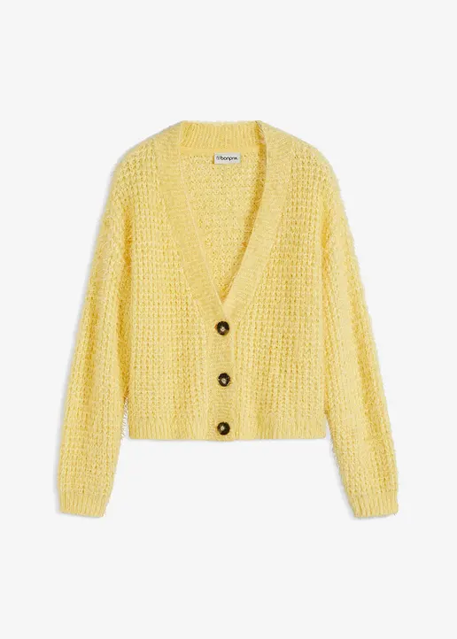 Oversize-Strickjacke mit Bändchengarn in gelb von vorne - bonprix