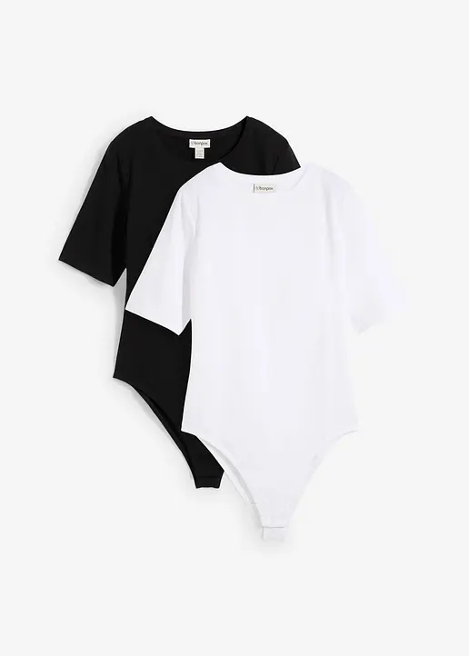 Kurzarmbody (2er Pack) in schwarz von vorne - bonprix