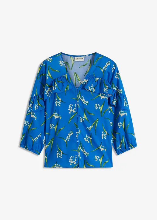 bedruckte Bluse mit Volants in blau von vorne - bonprix