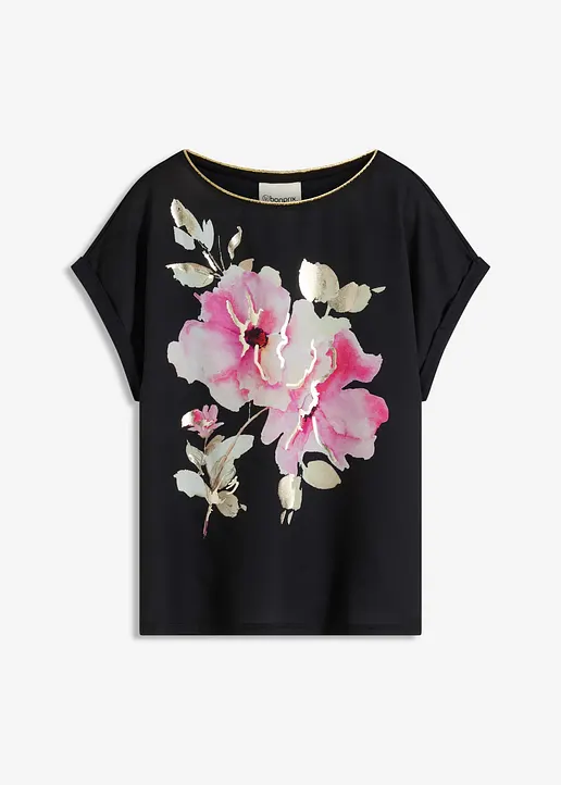 Shirt mit Webeinsatz in schwarz von vorne - bonprix