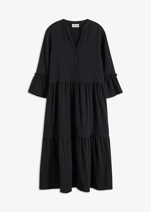 Maxikleid Musselin in schwarz von vorne - bonprix