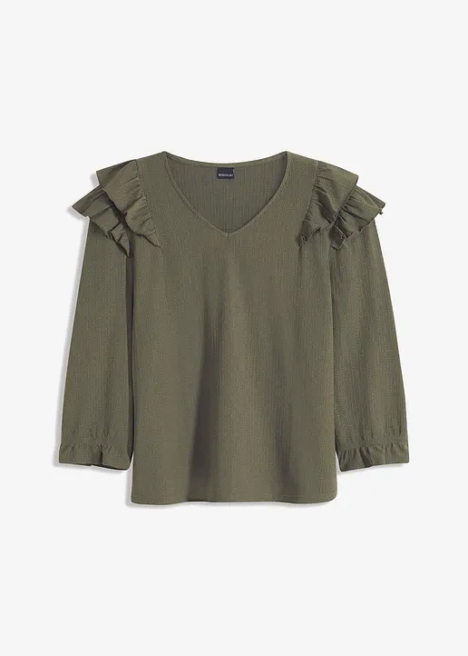 Struktur-Shirt mit Volants in grün von vorne - bonprix