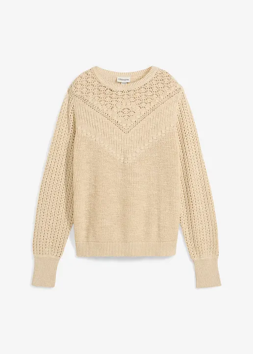 Ajour-Pullover mit Leinenanteil in beige von vorne - bonprix