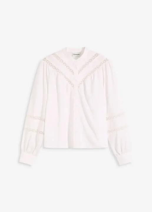 Bluse mit Leinenanteil und Crochet-Einsätzen in weiß von vorne - bonprix