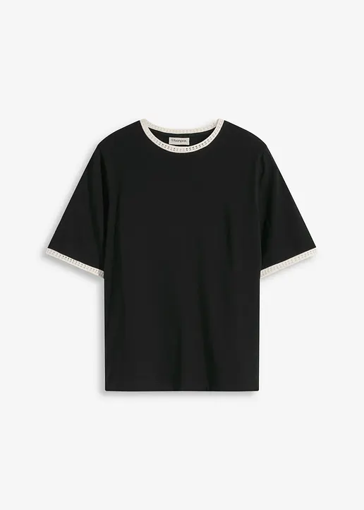 Shirt mit Spitzenborte in schwarz von vorne - bonprix