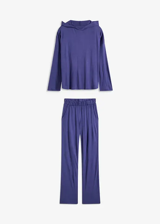 Oversized Loungewear Hausanzug aus Viskose mit Kapuze in blau von vorne - bonprix
