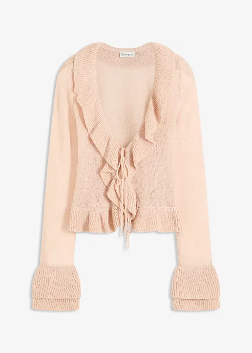 Feinstrickjacke mit Rüschen in beige von vorne - bonprix