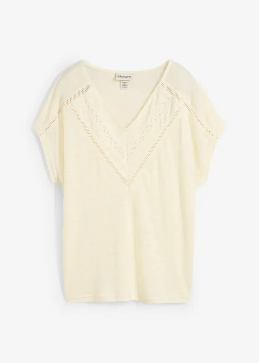 T-Shirt aus reinem Leinen mit Spitze in weiß von vorne - bonprix