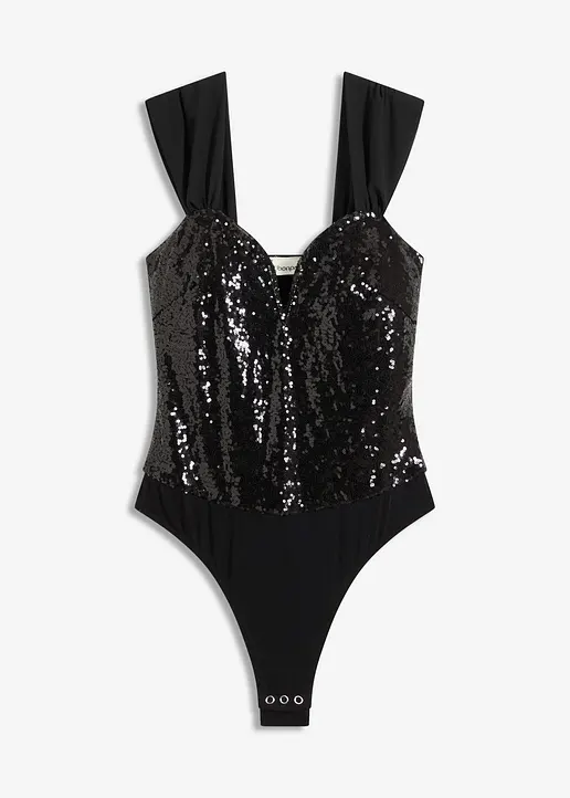 Body mit Pailletten in schwarz von vorne - bonprix