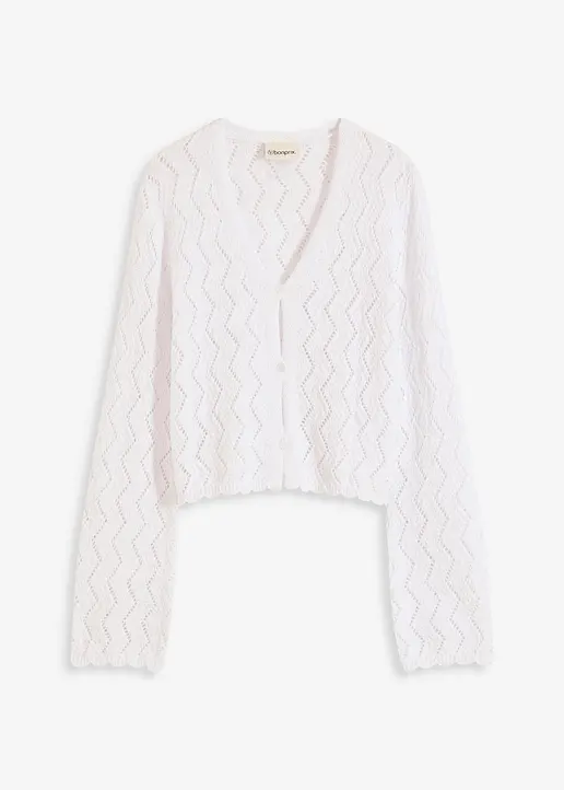 Kurze Strickjacke in Häkeloptik in weiß von vorne - bonprix
