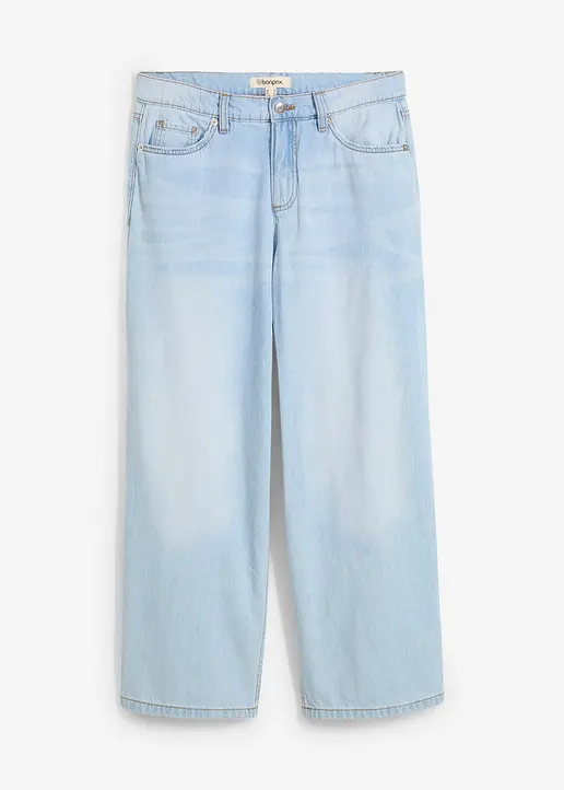 Baggy-Jeans Mid Waist Super Soft, cropped in blau von vorne - bonprix