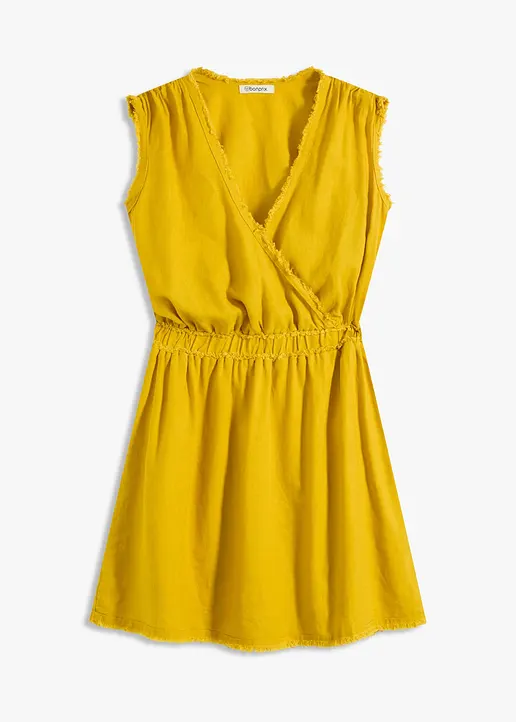 Kleid mit Fransendetail und Leinenanteil in gelb von vorne - bonprix