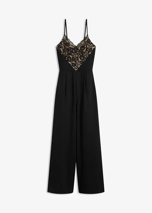 Jersey-Jumpsuit mit Spitze in schwarz von vorne - bonprix