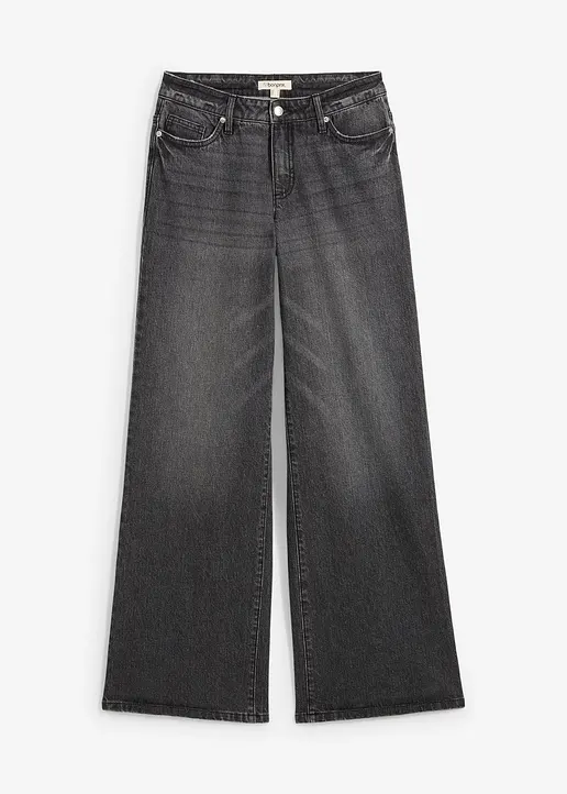 Wide-Leg-Jeans, Mid Waist, Low Stretch Full Length in schwarz von vorne - bonprix