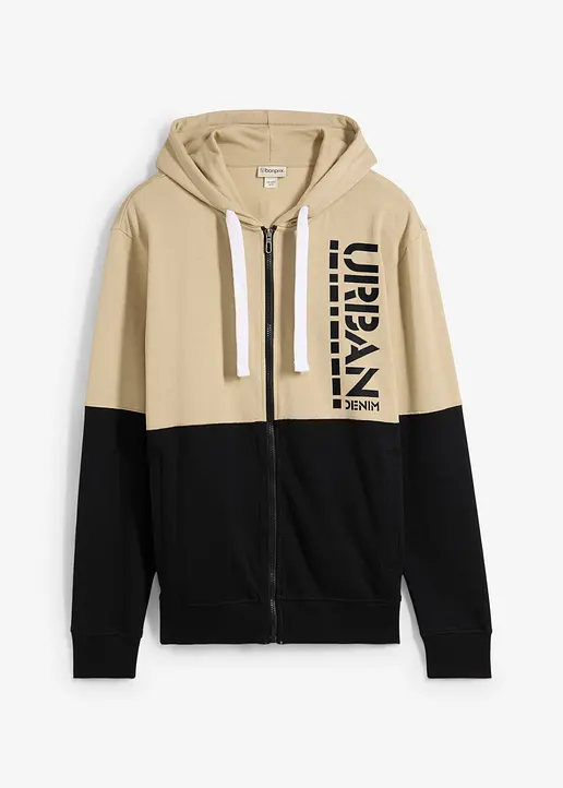Kapuzen-Sweatjacke aus reiner Bio-Baumwolle in beige von vorne - bonprix