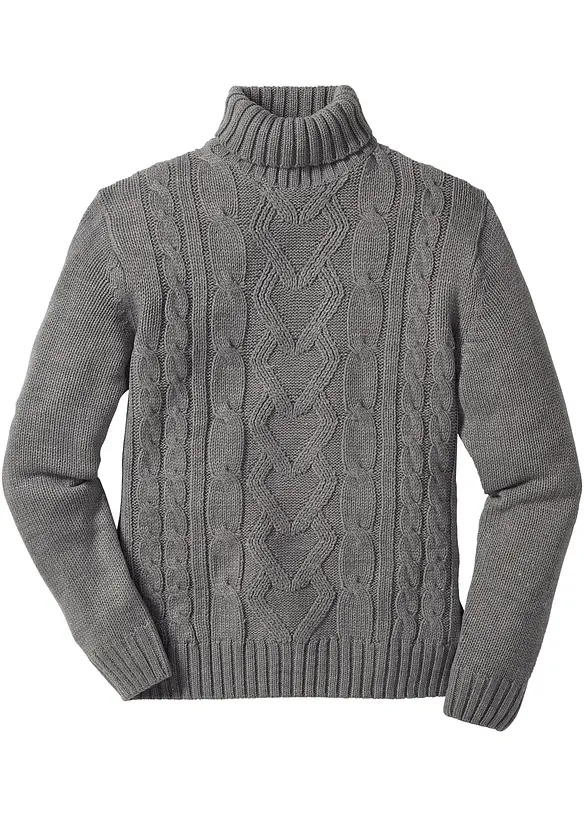 Rollkragenpullover mit Zopfmuster in grau von vorne - bonprix