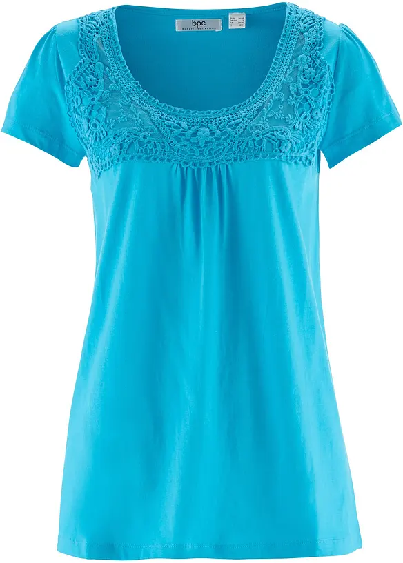 Baumwoll Shirt mit Spitze, Kurzarm in blau von vorne - bonprix Baumwoll Shirt mit Spitze, Kurzarm in blau von vorne - bonprix