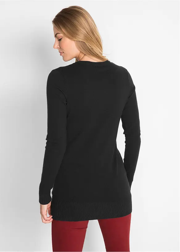 Feinstrick Longpullover mit V-Ausschnitt in schwarz von hinten (im Anschnitt) - bonprix