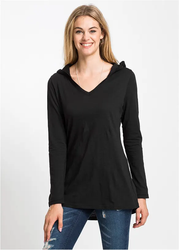 Longshirt mit Kapuze in schwarz von vorne (im Anschnitt) - bonprix