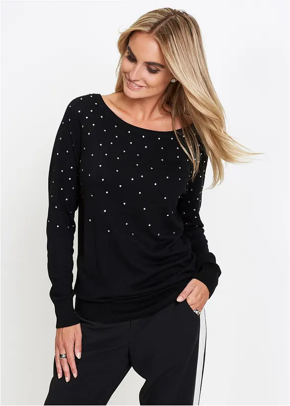 Long-Pullover mit Glitzersteinen in schwarz von vorne (im Anschnitt) - bonprix Long-Pullover mit Glitzersteinen in schwarz von vorne (im Anschnitt) - bonprix