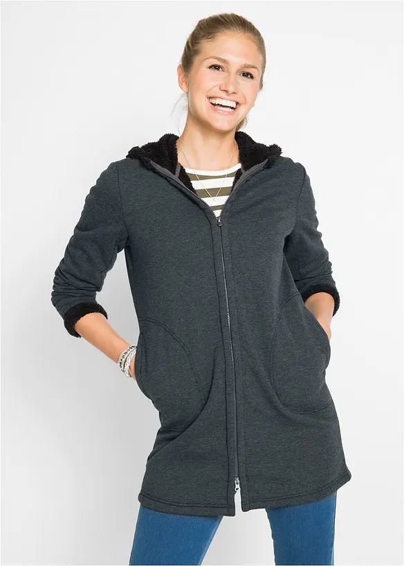 Kapuzen-Sweatjacke mit Teddyfell in grau von vorne (im Anschnitt) - bonprix Kapuzen-Sweatjacke mit Teddyfell in grau von vorne (im Anschnitt) - bonprix