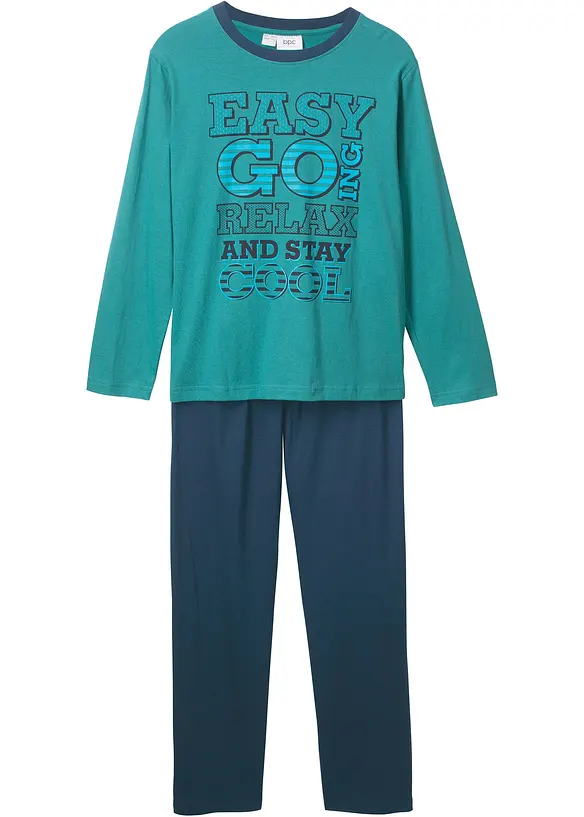 Pyjama aus reiner Baumwolle in petrol von vorne - bonprix