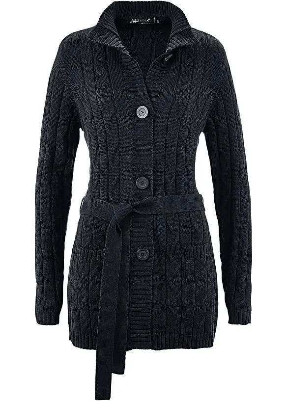 Longstrickjacke mit Zopfmuster in schwarz von vorne - bonprix