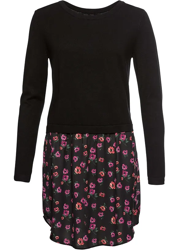Feinstrickpullover mit Rockansatz in schwarz von vorne - bonprix