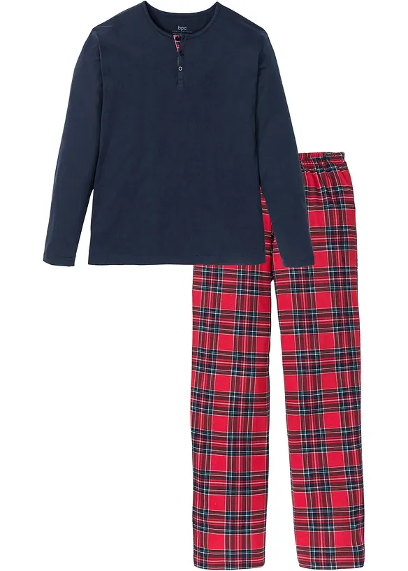 Pyjama aus reiner Baumwolle mit Knopfleiste und langen Ärmeln in blau von vorne - bonprix