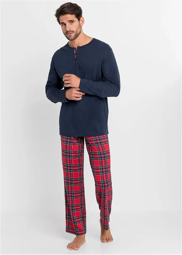 Pyjama aus reiner Baumwolle mit Knopfleiste und langen Ärmeln in blau von vorne (Totalaufnahme) - bonprix