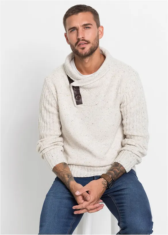 Grobstrick-Pullover mit Schalkragen in beige von vorne (im Anschnitt) - bonprix