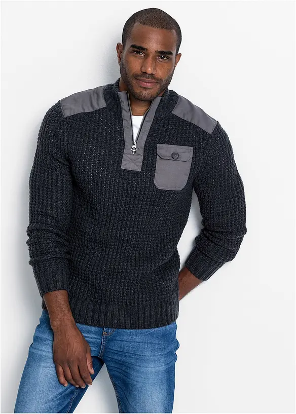 Grobstrick Troyer Pullover mit Web-Besatz in grau von vorne (im Anschnitt) - bonprix