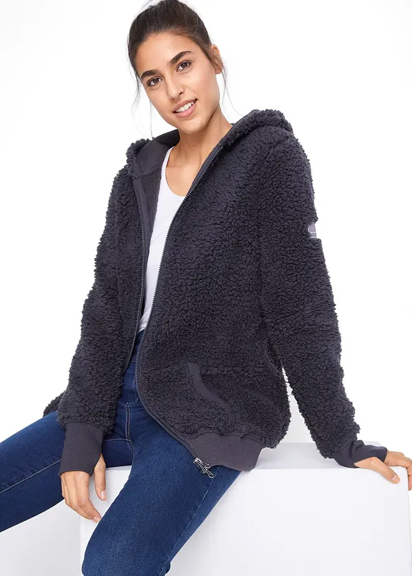 Teddy-Fleece Jacke in grau von vorne (im Anschnitt) - bonprix