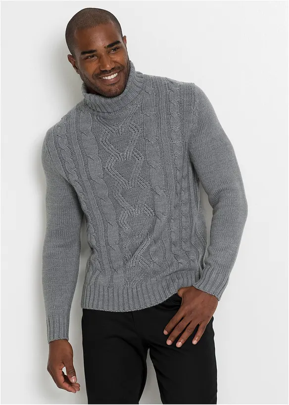Rollkragenpullover mit Zopfmuster in grau von vorne (im Anschnitt) - bonprix