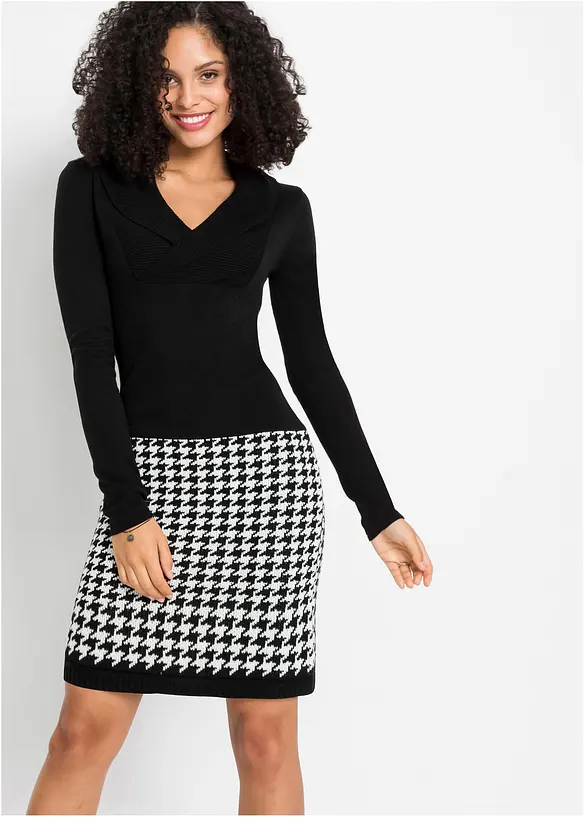 Strickkleid mit Schalkragen in schwarz von vorne (Totalaufnahme) - bonprix Strickkleid mit Schalkragen in schwarz von vorne (Totalaufnahme) - bonprix